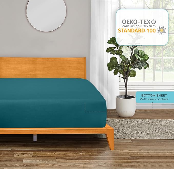 ROYALE LINENS 300 Thread Count 100% Long Staple Combed Cotton Fitted Sheet Queen - Super Soft Deep Pocket Bottom Sheet - Fitted Sheets Only - Elastic Sheets (Queen, Teal)