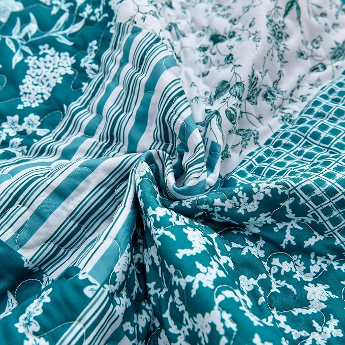 Mybedsoul Teal Blue Quilt Set King Size 3 Pieces Boho Plaid Turquoise Floral - Image 7