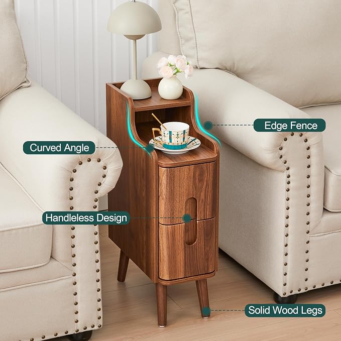 Narrow Nightstand Set of 2, Wood 2 Drawer Small Nightstand, Slim Side Table - Image 9