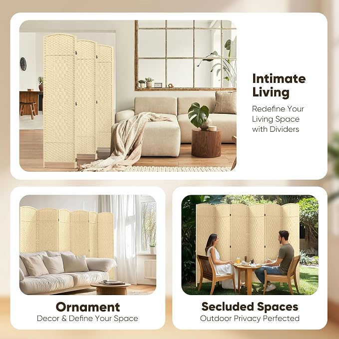 Rattan Room Divider, 6-Panel Folding Privacy Screen 6ft. Extra Wide | Double - Image 7