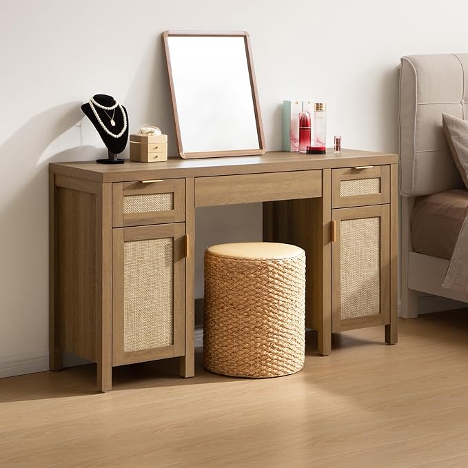 SICOTAS Rattan Vanity Home Office Desk - 52" Large Farmhouse Boho Makeup Vanity Dressing Table with 3 Drawers & 2 Storage Cabinets, Vanities Desk for Makeup Room,Bedroom, Home Office, Oak
