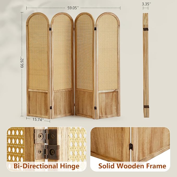 4 Panel Room Dividers and Folding Privacy Screens, Hand-Made Rattan Room Divider - Image 5