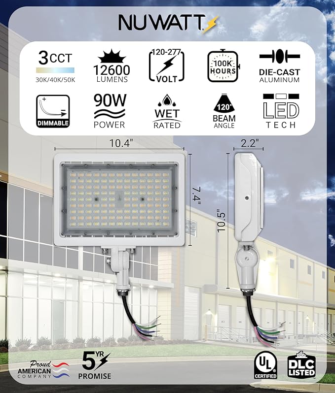 NUWATT 90W LED Flood Light, 3CCT 3000K/4000K/5000K Selectable, IP65 Waterproof Lighting, Adjustable Knuckle Mount, 12600LM, 0-10V Dimmable, 120-277V, Outdoor Security Floodlight for Yard, White, UL