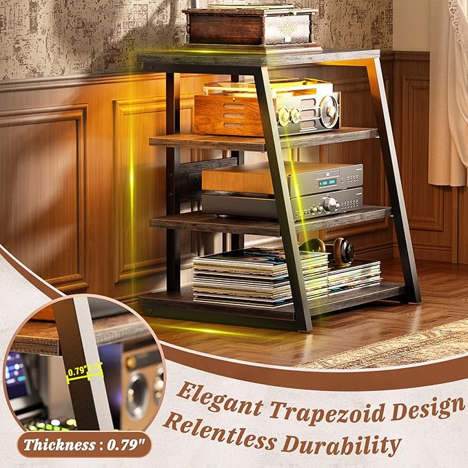 Armocity 4-Tier AV Media Stand with Power Strips, Stereo Stand with LED Lights, Rack Audio Tower with Adjustable Shelves, Small Entertainment Center, 30'', Grey Oak