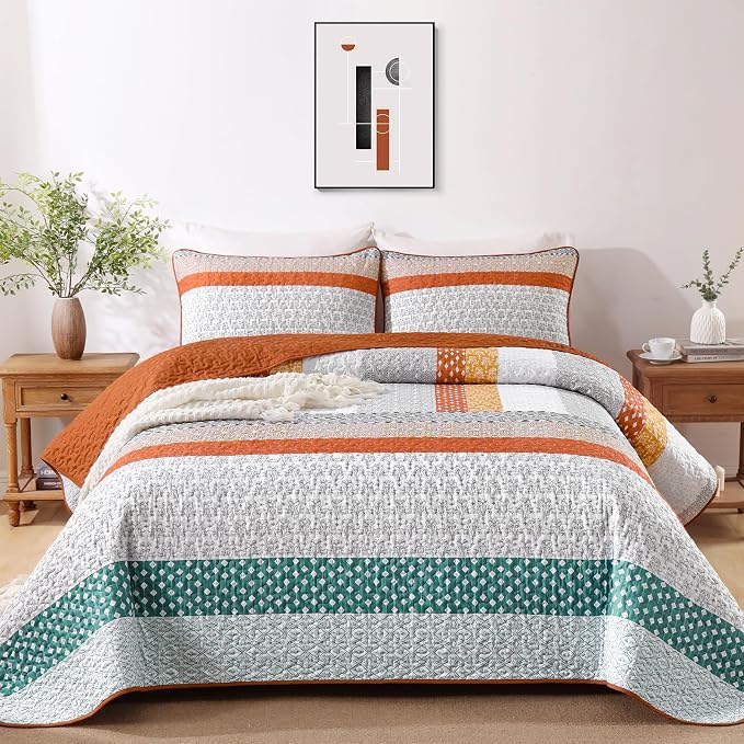 WONGS BEDDING Orange King Size 3-Piece Quilt Set, Boho Stripe Bedspread | - Image 2
