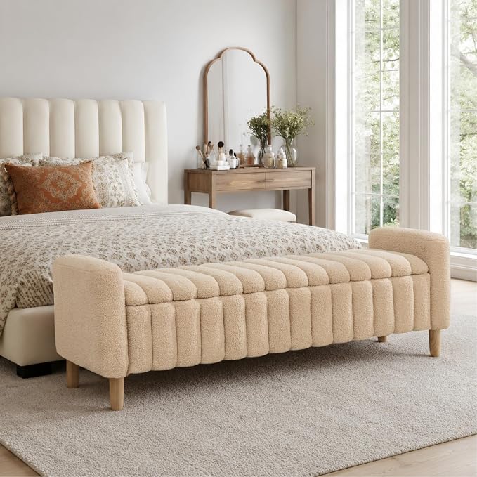 63.4" Cute Teddy Fabric Ribbed King Size End of Bed Bench. | Entryway Ottoman by Aortzio