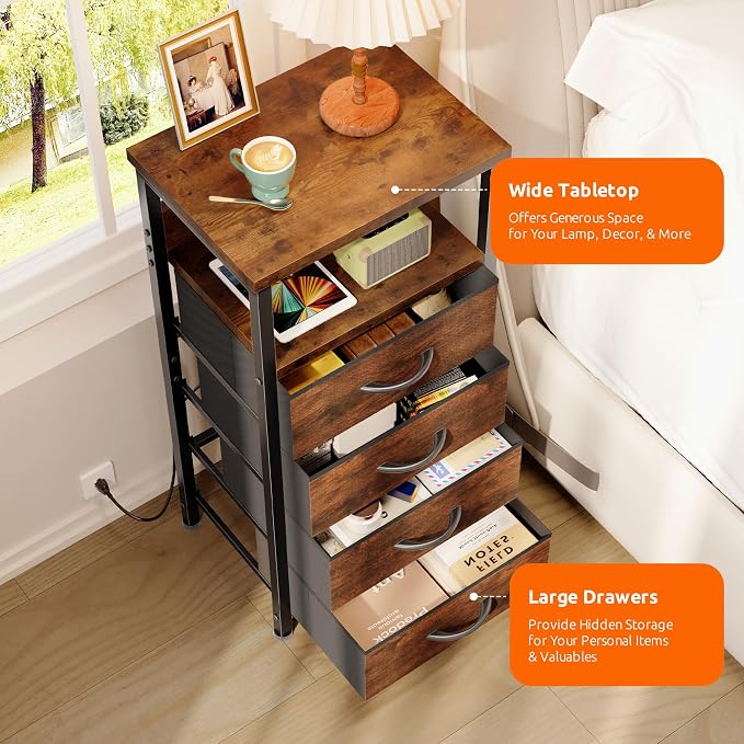 Lazzanto Night Stand with Charger Station, 4 Fabric Drawers, Bedside Table - Image 5