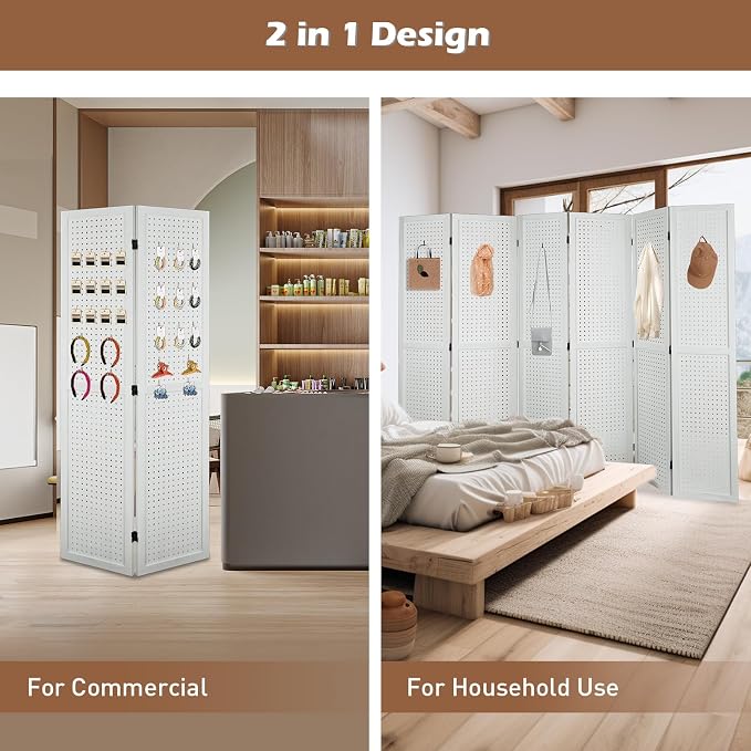 6 Panel Pegboard Room Divider | White Wood Folding Privacy Screen - Image 6