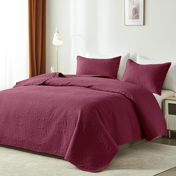 akkialla Burgundy King/Cal King Quilt Set, Ultrasonic Lightweight Bedspread - Image 2