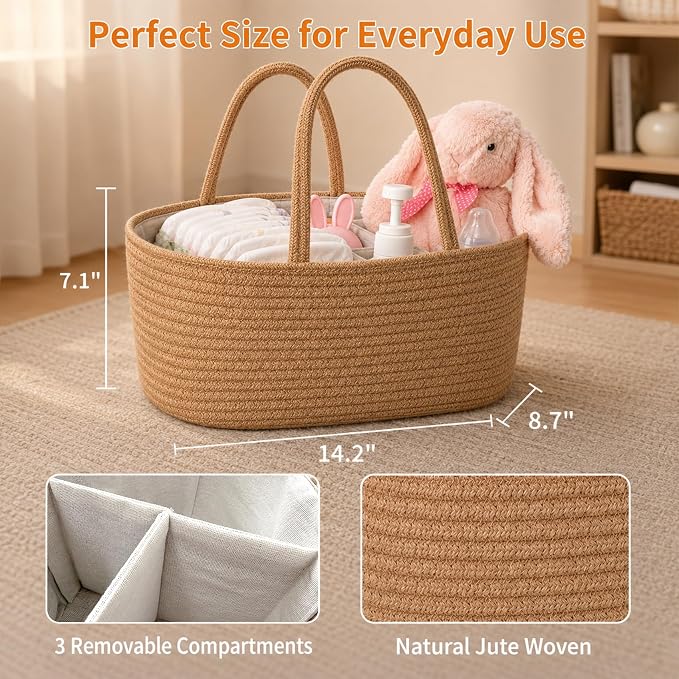 ABenkle Baby Diaper Caddy Organizer, Boho Jute Rope Nursery Storage Bin - Image 3