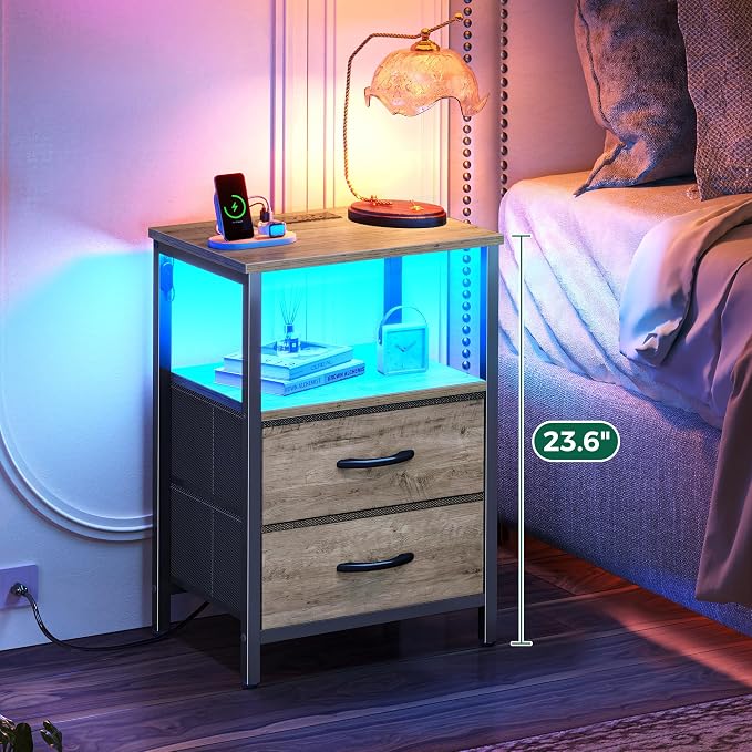 Huuger Night Stand with Charger Station and LED Lights, 2 Drawer Nightstand | - Image 4