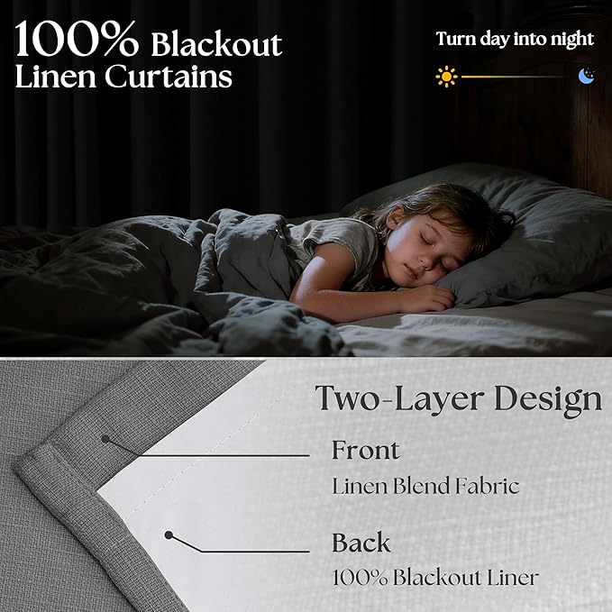 Dark Gray Linen Blackout Pleated 105 Inch Curtains for Living Room Darkening Pinch Pleat 100% Black Out Drapes Thermal Insulated Soundproof Charcoal Grey 105 Inch Curtain for Dining Bedroom