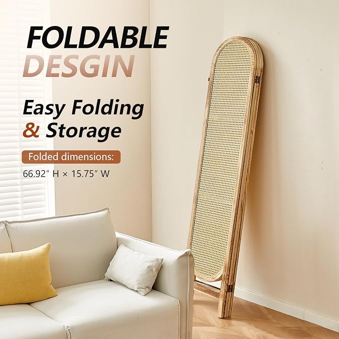 4 Panel Rattan Room Divider Screen, Boho Folding Privacy Screen | Decorative - Image 5