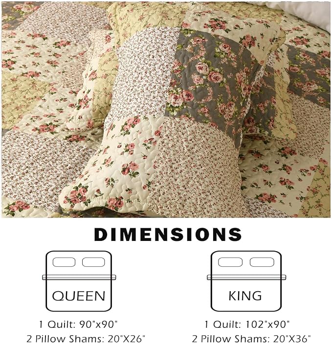 Summer Floral Queen Quilted Bedspread, Romantic Beige Quilt Set, Reversible - Image 5