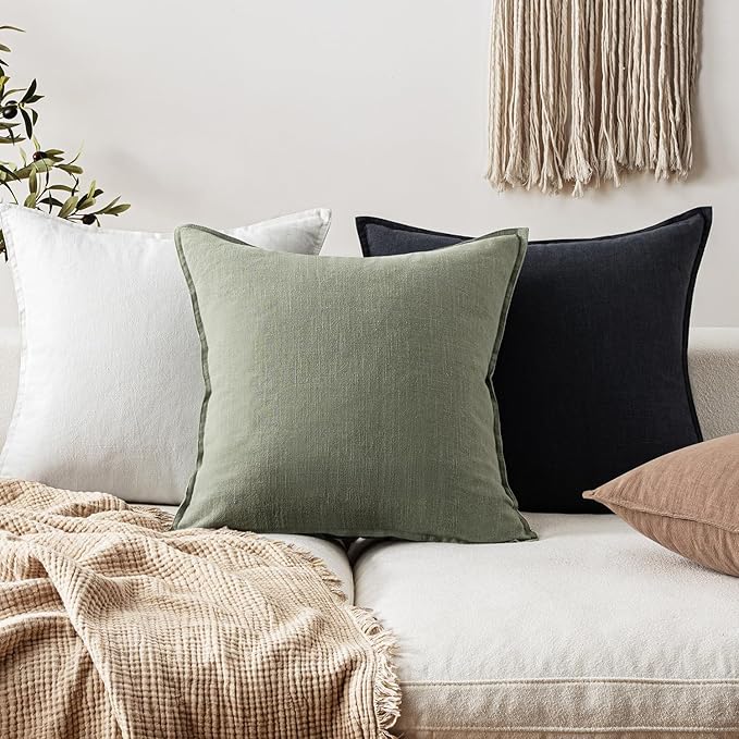 EMEMA Throw Pillow Covers Decorative Linen Pillow Covers 22x22 Inch Light Olive Green Boho Farmhouse Neutral Couch Throw Pillows for Bed Pack of 2 Accent Pillowcase Modern Sofa Cushion Livingroom Home