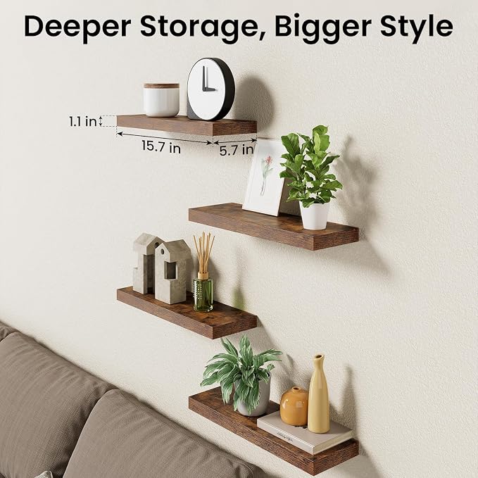BAYKA Rustic Brown Floating Shelves 15.7in, Wall Mount Wood Shelf | Easy Install - Image 8