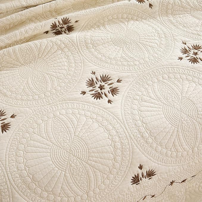 ROOMLIFE Quilt Set Full Size 3D Floral Embroidery Pattern 3-Piece Cotton | - Image 4