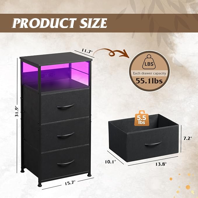 WLIVE Nightstand with Charging Station, 31.9" H Nightstand with 3 Fabric Drawers - Image 3