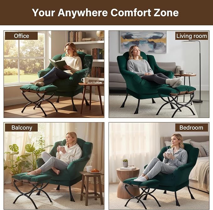 Welnow Lazy Chair with Ottoman, Reading Chair with Footrest, Dark Green | A - Image 9