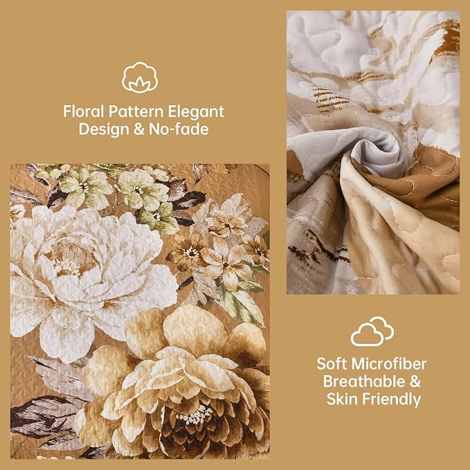 WONGS BEDDING Fall Brown Floral Quilt Set King, 3 Pieces Reversible Lightweight - Image 4