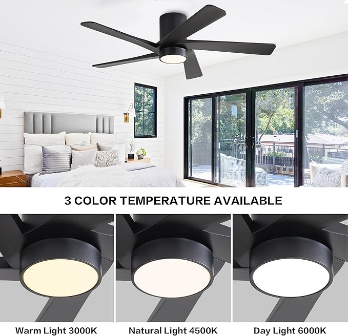 WINGBO 48 Inch Flush Mount DC Ceiling Fan with Lights and Remote, 5 Reversible Carved Wood Blades, 6-Speed Noiseless DC Motor, Hugger Ceiling Fan in Black Finish, Low Profile Ceiling Fans, ETL Listed