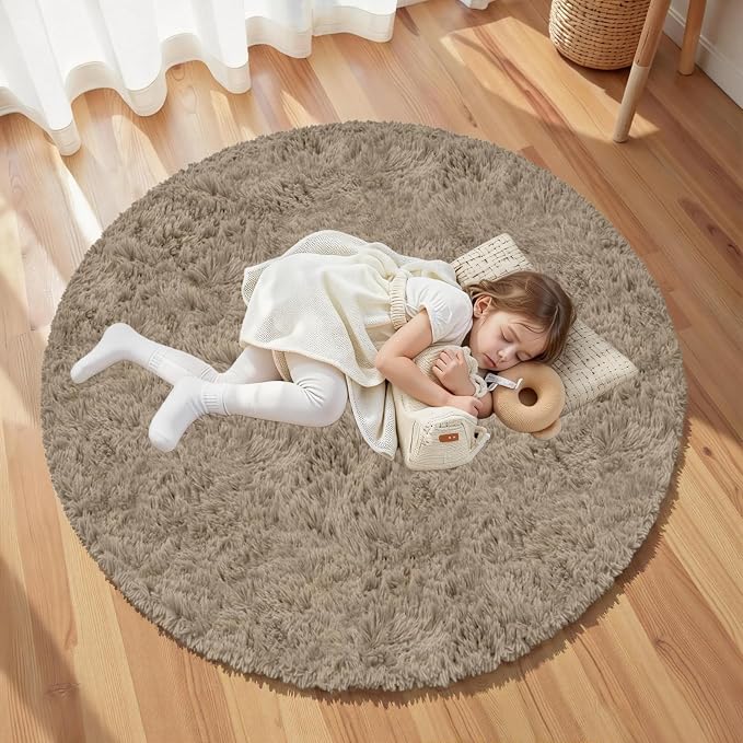 Grey Camel Round Fluffy Rug 5ft Plush Fuzzy Shaggy Carpet | Soft Rugs - Image 5