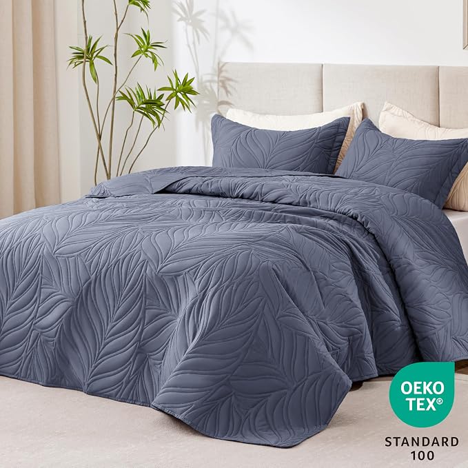 EXQ Home Quilt Set Full Queen Size Bluish Grey 3 Piece, Lightweight Soft - Image 2