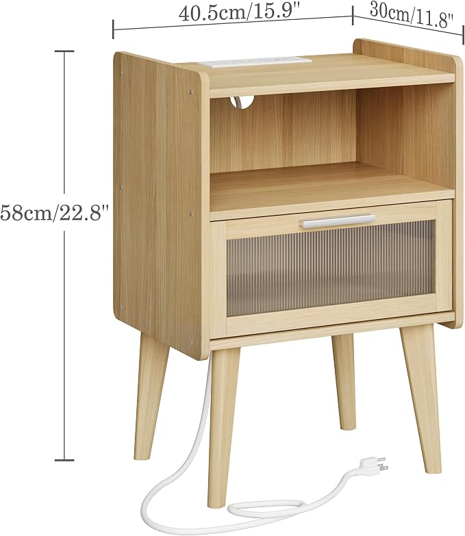 Nightstand with Charging Station, Natural Wood Bedside Tables, Modern End Table - Image 3