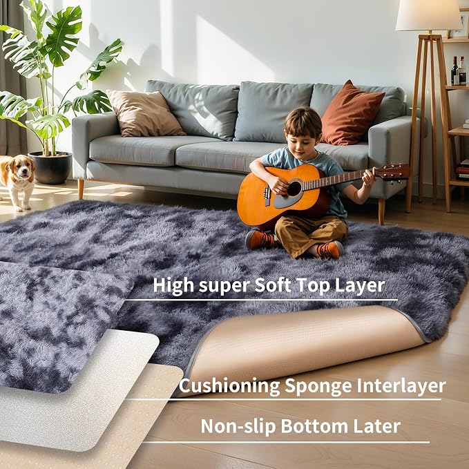6x9 Thick Tie-dye Dark Grey Shag Rug - Image 4