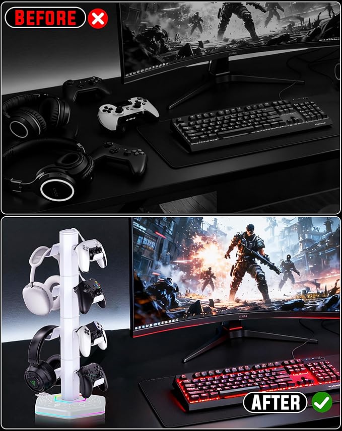 Kytok RGB Controller Holder for PS5/PS4/Xbox/Switch, Headphone Stand with 2 USB Charging Ports and Type-C and Headphone Jack, Headset Holder with Cable Organizer, Controller Stand for Desk, 4 Tiers