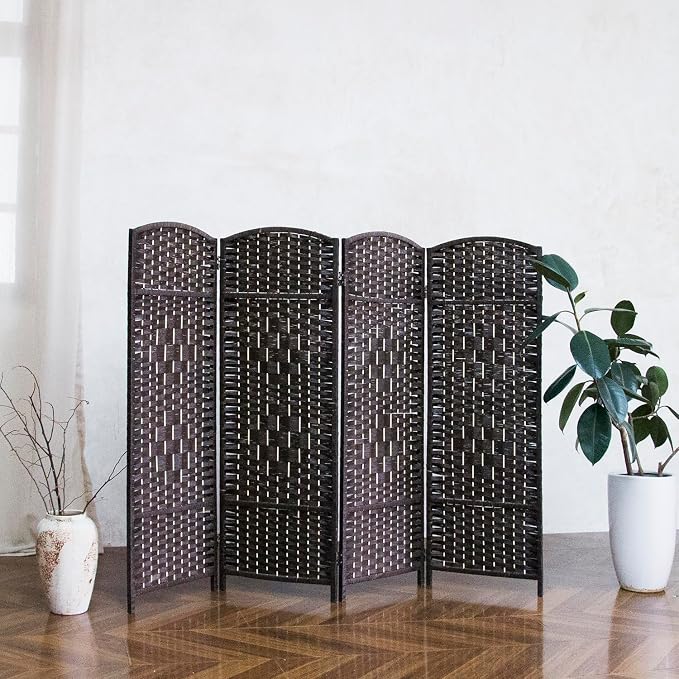 4-Panel Short Room Divider, 3.9 ft Freestanding Partition Wall, Dark Brown - Image 4