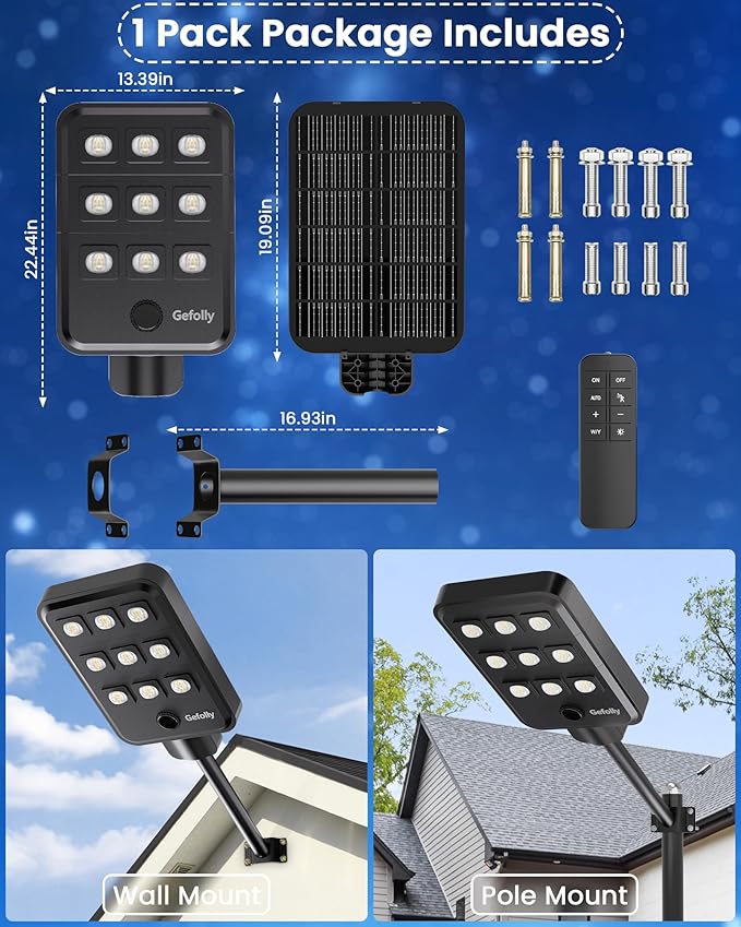 Gefolly G-9000W Solar Street Light Outdoor, Wide Angle Commercial Parking Lot Light Dusk to Dawn 6500K IP67 Flood Security with Motion Sensor Lamp for Yard, Basketball Court