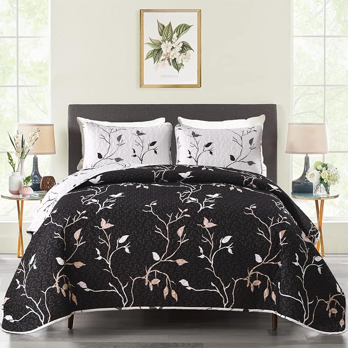 DJY Floral Quilt Set Full/Queen Size 3 pcs Botanical Bedspread, Elegant - Image 3