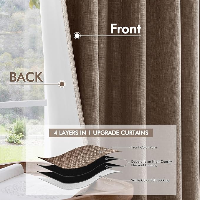 MIULEE 100% Blackout Back Tab Pleat Linen Curtains 50" Wx102 L, Dutch Cocoa | 2 - Image 5