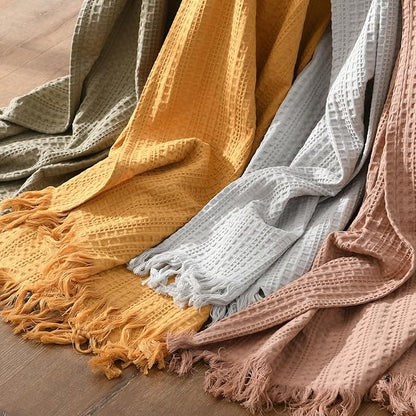 100% Cotton Waffle Blanket with Fringe, Pre-Washed Waffle Weave Blanket for All Season, Lightweight Breathable Soft Cozy Throw Blanket for Couch, Bed, Travel (Light Grey - 66x90 Inches)