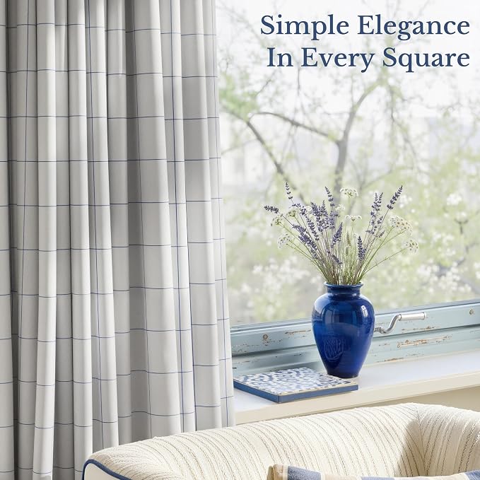 NICETOWN 100% Blackout Navy Blue Plaid Curtains, 2 Panels, W52xL96 | Rod Pocket - Image 2