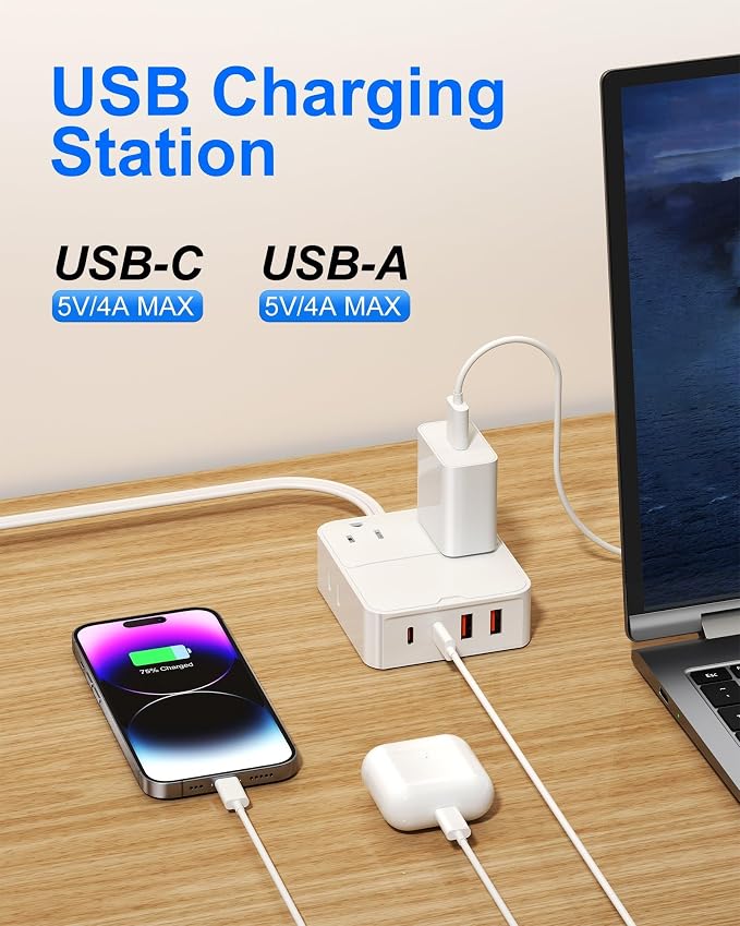 Flat Plug Power Strip with USB Ports-4 AC&4 USB Ports, Extension Cord | 6FT - Image 4