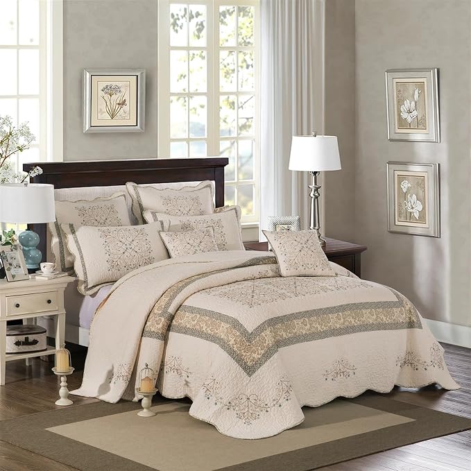 ROOMLIFE Quilt Set King Size 3D Floral Embroidery Pattern 3-Piece Cotton - Image 2
