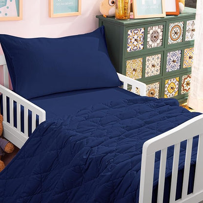NTBAY Toddler Bedding Set - 4 Piece Soft and Breathable Crib Bedding Set for Boys and Girls, Includes Quilted Comforter, Fitted Sheet, Flat Top Sheet and Envelope Pillowcase, Navy Blue