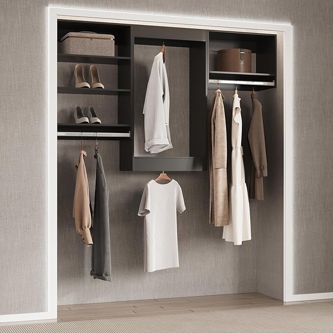 Medium Double Hanging Closet Unit, Modular Closet System, Wood Closet System Organizer with Storage for Walk in Closets, Clothing Rack Closet for Hanging Clothes, Bedroom,Black, 31.5" W
