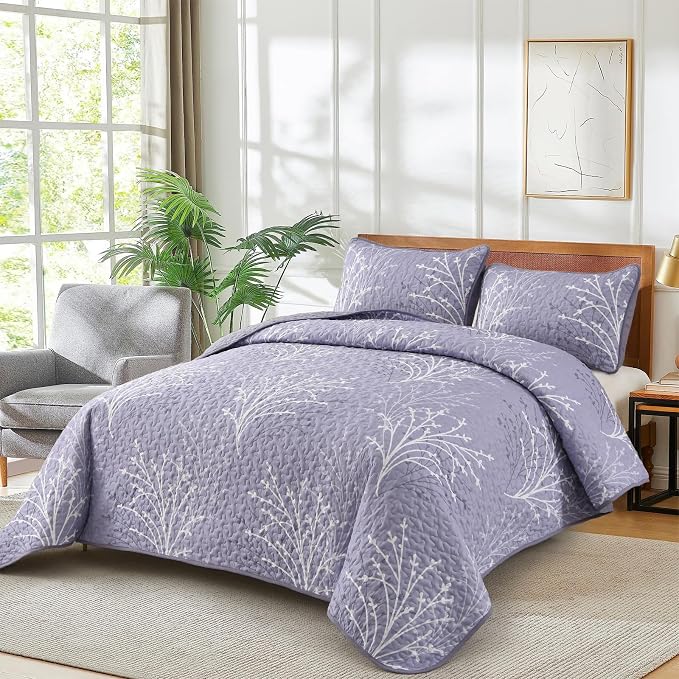 DJY Purple Quilt Set King Size Branch Botanical Bedspread Coverlet Set | 3 - Image 2