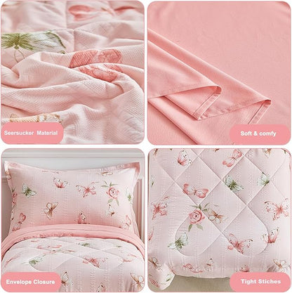 DuShow Pink Butterfly Toddler Bedding Set for Girls,4 Pieces Toddler Bed Set,Seersucker Toddler Comforter Set,Includes Comforter,Flat Sheet,Fitted Sheet and Pillowcase