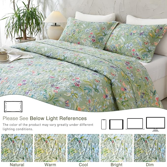 QSH 100% Cotton Quilt Oversized King Set-3Pcs Green Floral Quilt California - Image 7