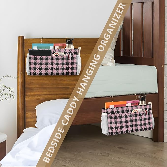Buffalo Plaid Check Pink Print Bedside Caddy Storage Bag Bedside Organizer - Image 7