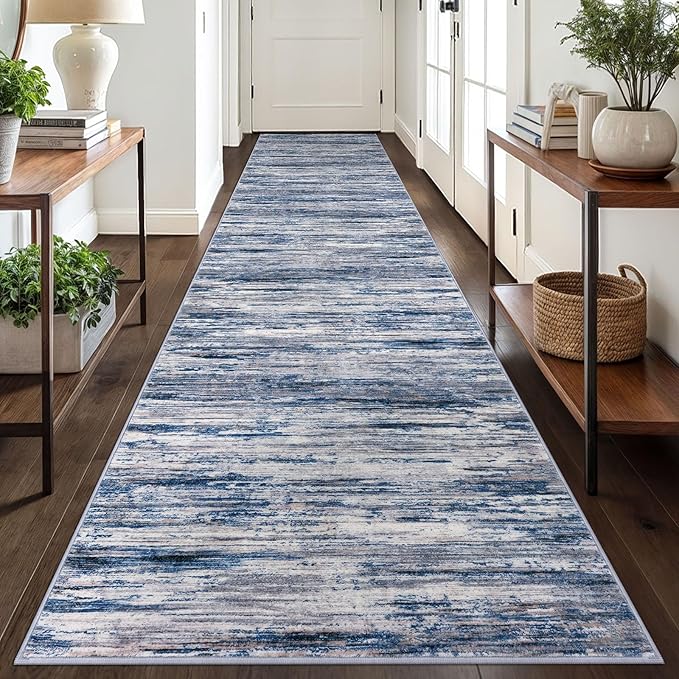 2.6x18 Modern Abstract Runner Rug for Hallways, Navy Blue Gray Neutral Multi Super Soft Hallway Decor Kitchen Rugs with Non-Slip, Non-Shedding Washable Rug for Entryway Bedroom Indoor