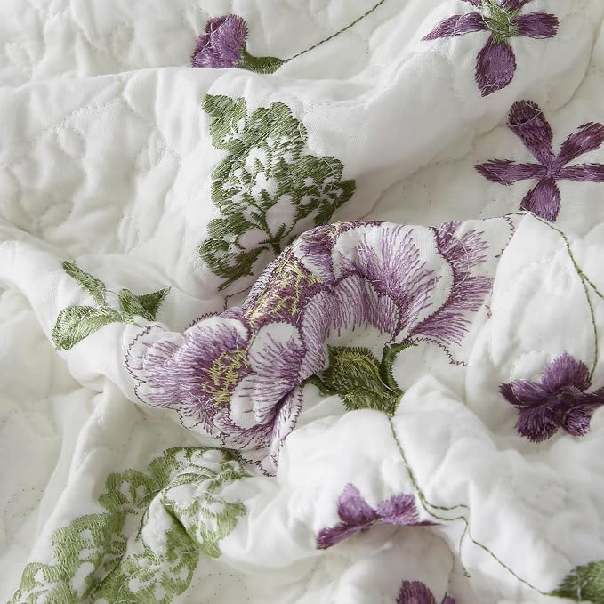 ROOMLIFE Quilt Set King Size 3D Floral Embroidery Pattern 3-Piece Cotton - Image 9