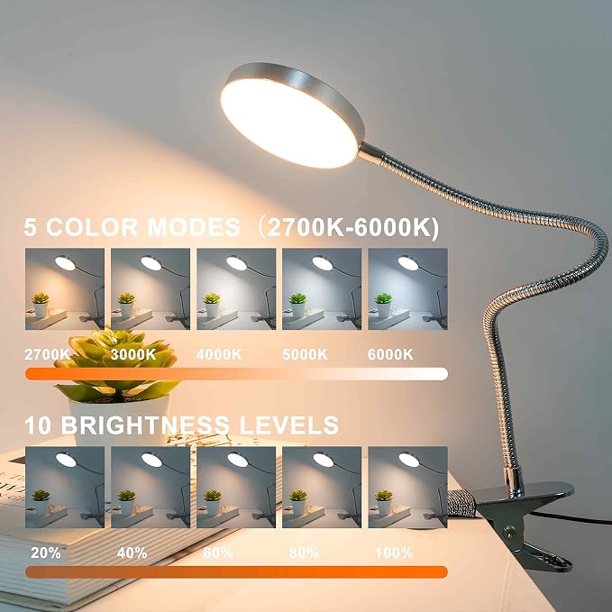 LiFMIRA Clip on Lamp Reading Light 5 Color Modes 10 Brightness 8W Silver | 66 - Image 2