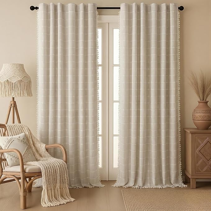 Boho Blackout Plaid Curtains 96 Inch Drapes Linen Blend 2 Panels | Vintage by Unknown