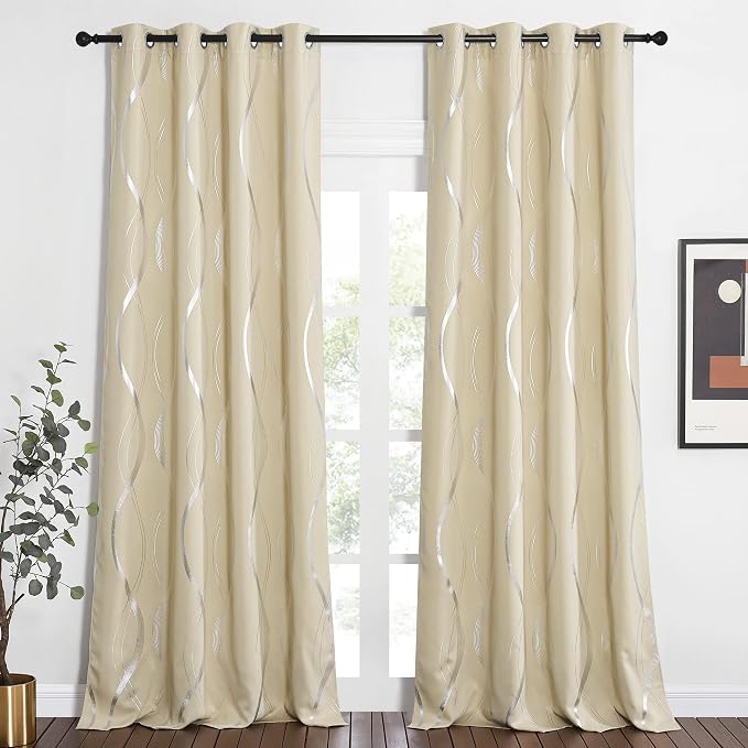 NICETOWN Blackout Curtains 90" Long 2 Panels, Biscotti Beige, Foil Printed Wave - Image 2