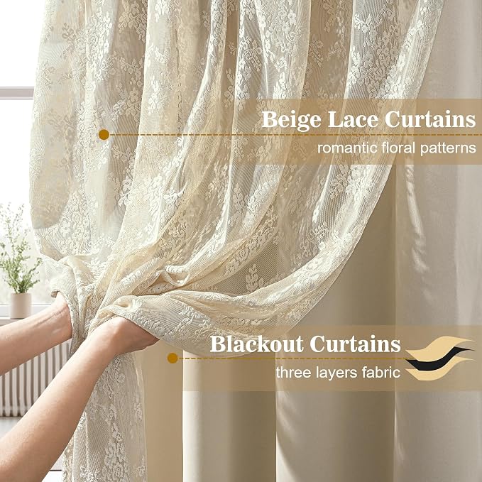 Yinhua Double Layer Kitchen Curtains 36 Inch Length Beige Blackout Curtains - Image 2